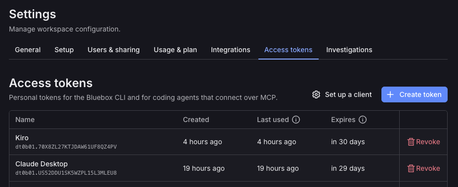 Bluebox Access tokens settings page