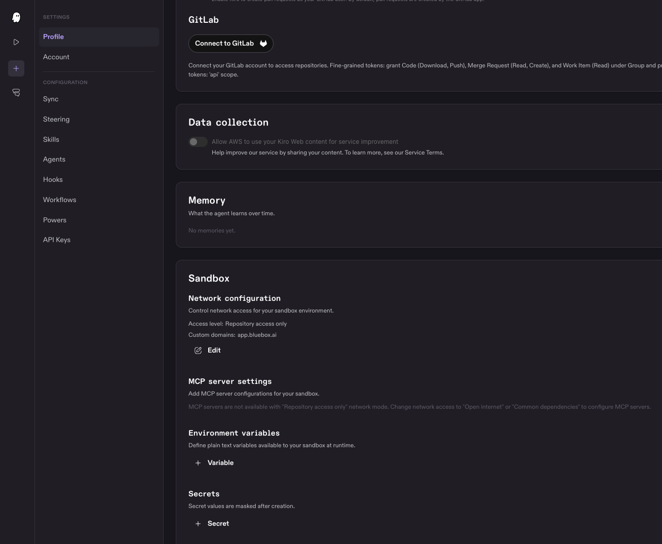 Kiro web Sandbox settings