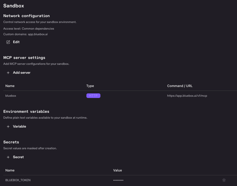Kiro web Sandbox settings after setup